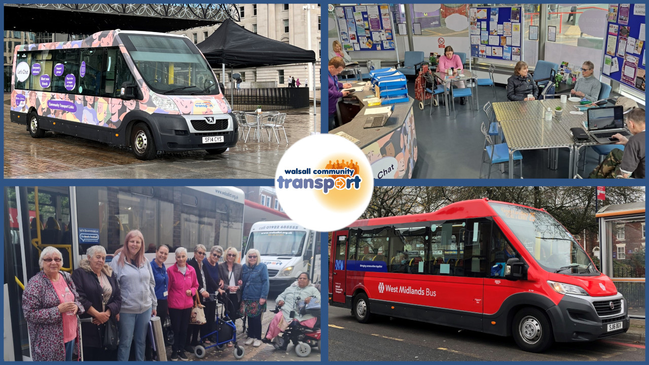 Collage showing Chatty Bus, Walsall Hub, Public Transport Bus and a Group on a Day Out